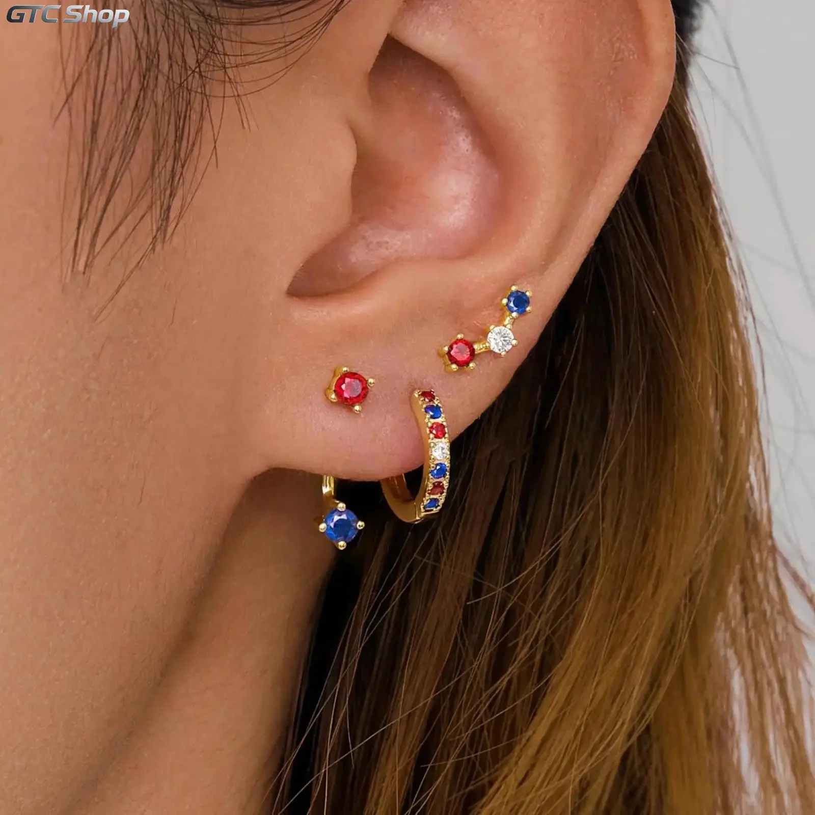 3 Pairs Dainty Small Earrings for 4th of July , Birthstone Stud Huggie Hoop Jacket Stack for Cartilage Helix, 18k Gold Plated Hypoallergenic Cute Women Fashion Accessories Western Jewelry Gifts