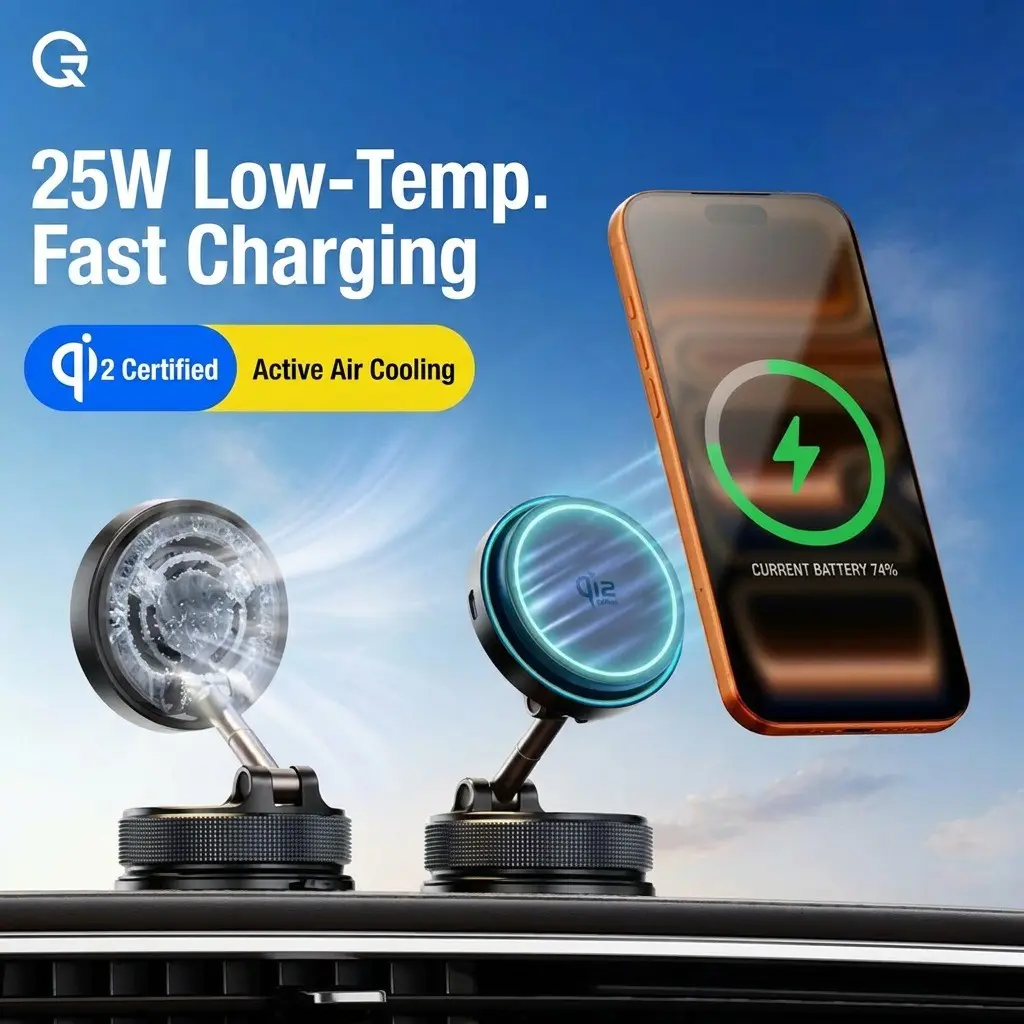25w Magnetic Wireless Car Charger with Cooling Fan, Wireless Charging, Qi2 Certified, Magsafe Compatible, for iPhone 17/16/15/14/13/12, Charger Not Included