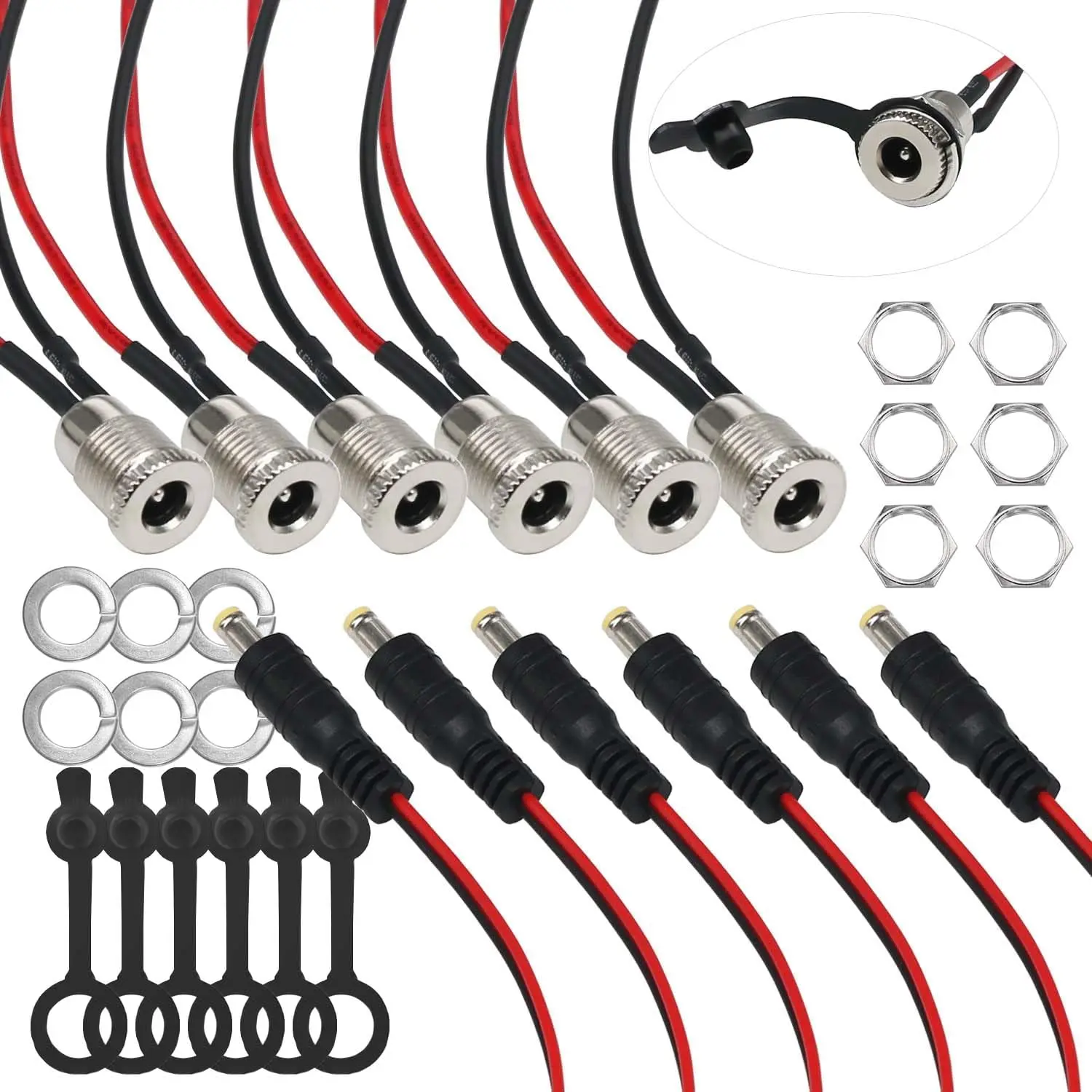 6 Sets 5.5 x 2.1mm DC Power Jack Threaded Female Panel Mount Barrel Connector Adapter Kit with Cover Cap