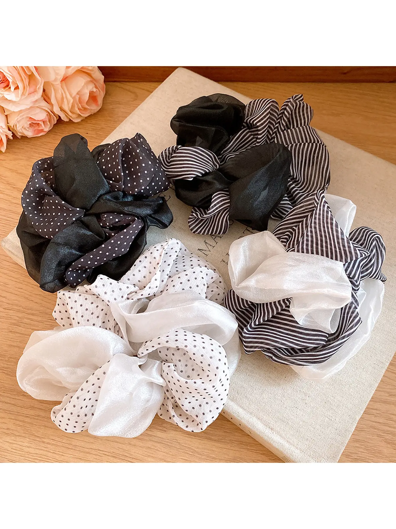 Cute Scrunchies for Women, Black & White Hair Scrunchie Set, Soft Ruffle Bow Hair Ties, Trendy Hair Accessories for Ponytails, Daily Wear & Parties