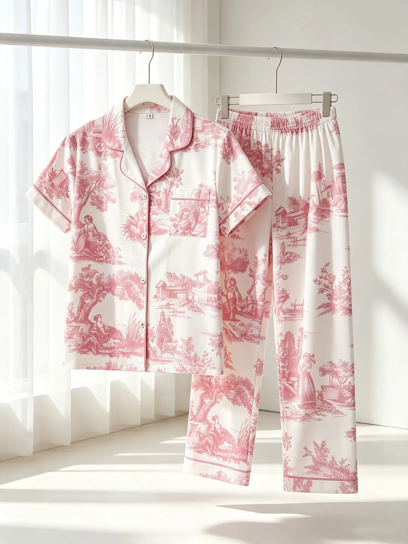 Vintage Landscape Print Pajama Set For Women, Short‑Sleeve Cardigan Top, Long Trousers, All‑season Wearable, Korean Elegant Aesthetic Loungewear, Gentle Indoor‑only Outfit