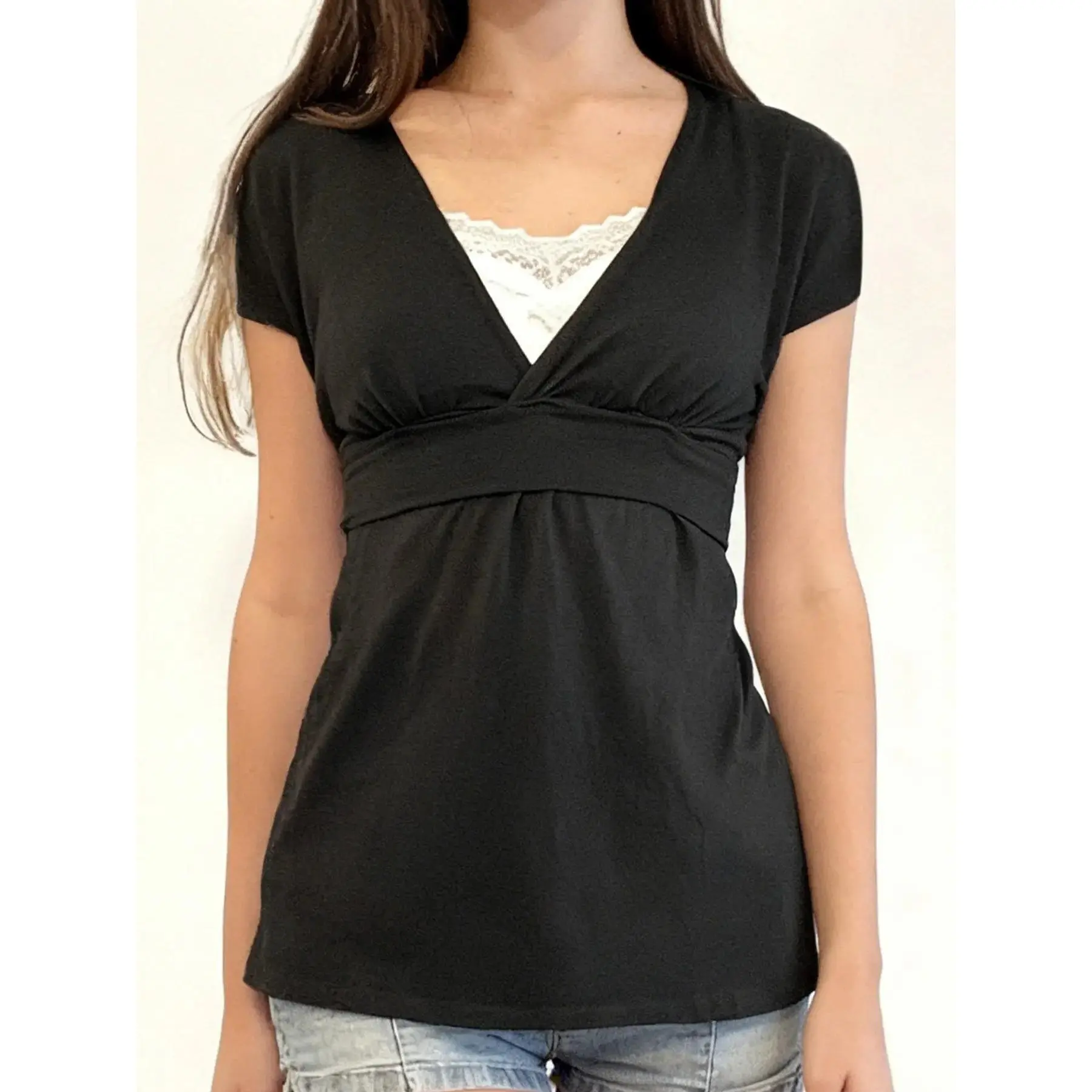 Lace Patchwork Bow V-Neck Fitted T-Shirt Y2K Short Sleeve A-Line Casual Summer Top for Girls, Cute Harajuku Style Basic Tee