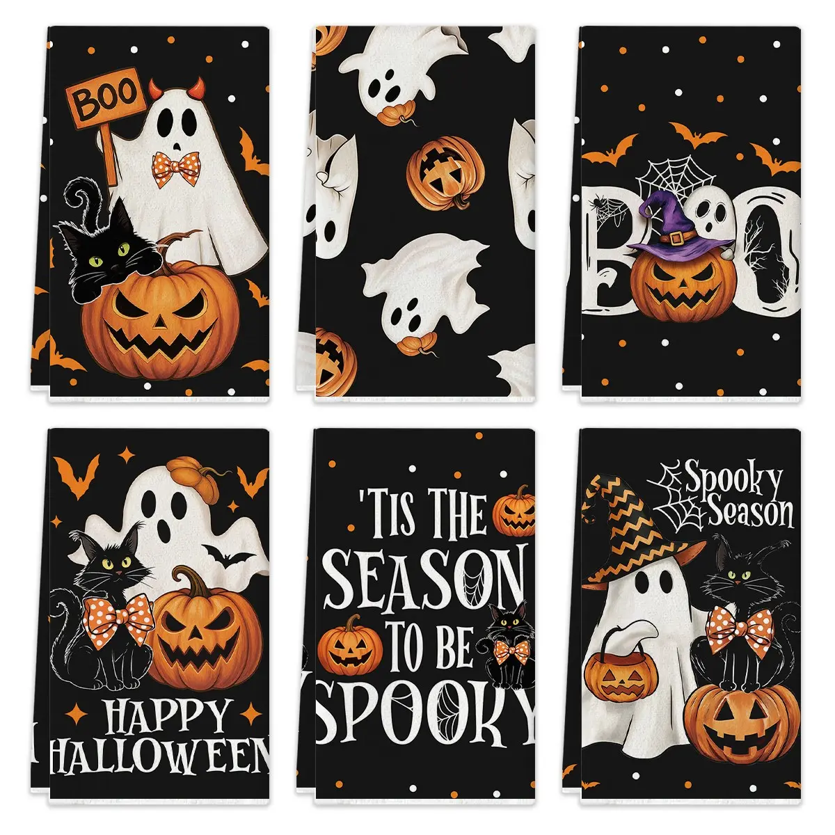 6pcs 6Pcs Halloween Kitchen Towels Set, Spooky Ghost Black Cat Jack-o'-lantern Bat Printed Dish Towels, Boo Spooky Season Decorative Tea Towels, Absorbent Cleaning Towels, Farmhouse Fall Halloween Home Kitchen Decorations