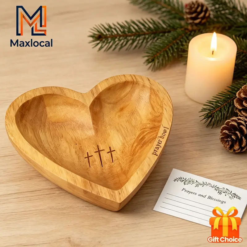 1-piece/2-piece vintage wooden heart-shaped retail countertop display box, comes with a prayer card, smooth wooden surface, Christian gifts, religious home decor, prayer bowl