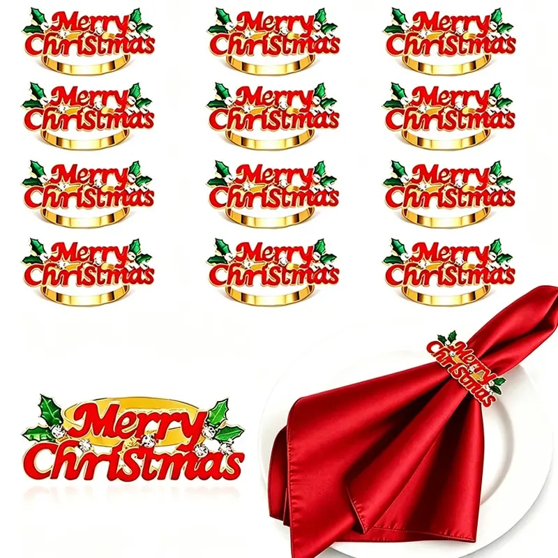 12 Piece Christmas Napkin Rings Set, Letter Napkin Holders, Holiday Party Table Decor, Festive Restaurant Serving Accessories