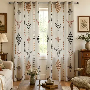 2 panels Aztec Bull Skull Curtains, Traditional Style, Denim Boho Design, Durable Polyester Fabric, Home Decor for Bedroom & Living Room, Home Decoration Curtain, Window Curtain, Window Drapes