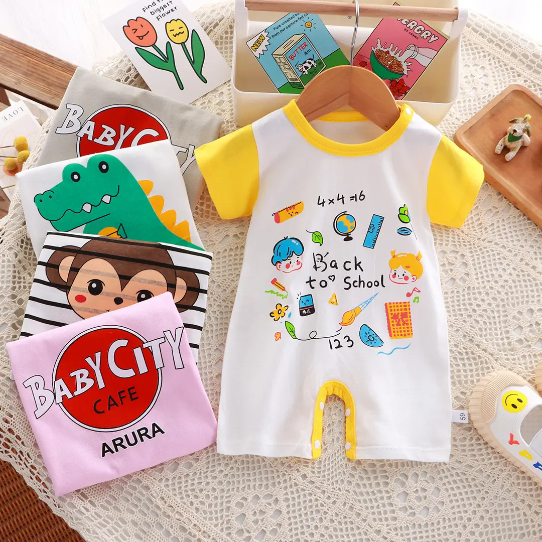 Prop 65 Safe Girls' Pure Cotton Short-Sleeve Crotch-Opening Romper Suit, Thin Summer Newborn Infant Bodysuit (Kids' Fashion Top)