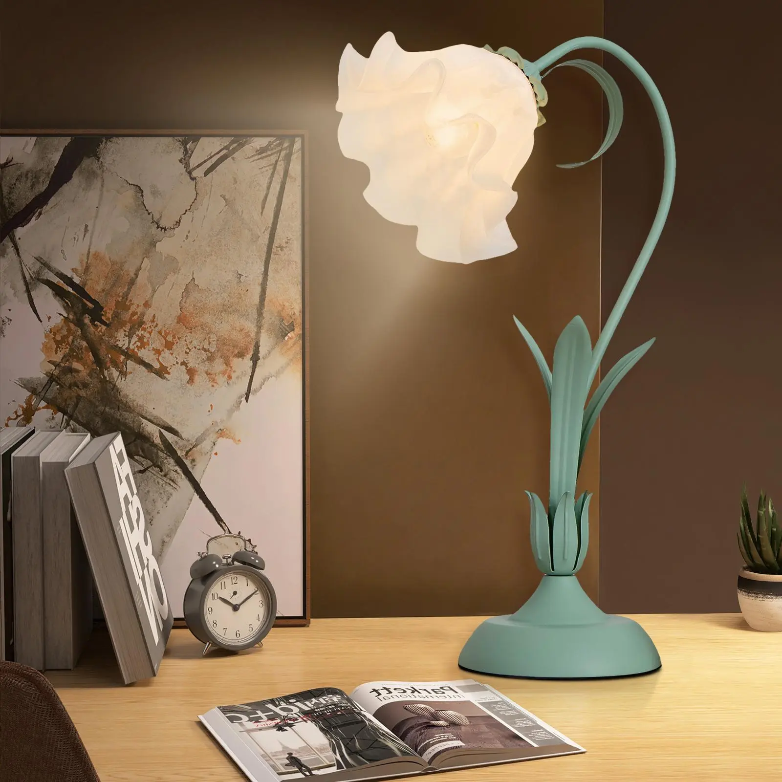 Flower Tiffany Style Stained Glass Table Lamp with Bent Glass Lampshade Lily Pad Base,Table Desk Reading Light, Table Lamps for Small Space Bedroom Home Office