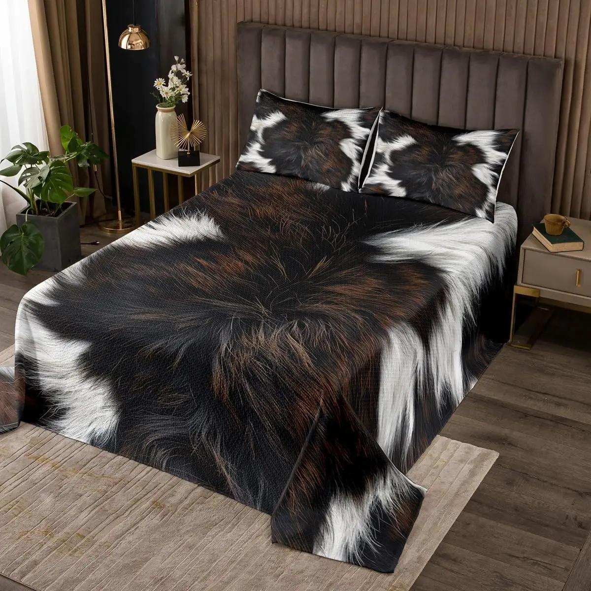 Cowhide Print Quilt Set King Size, Black White Fur Quilted Bedspread for Kids Teens Adults, Farmhouse Soft Luxury Microfiber Coverlet Set