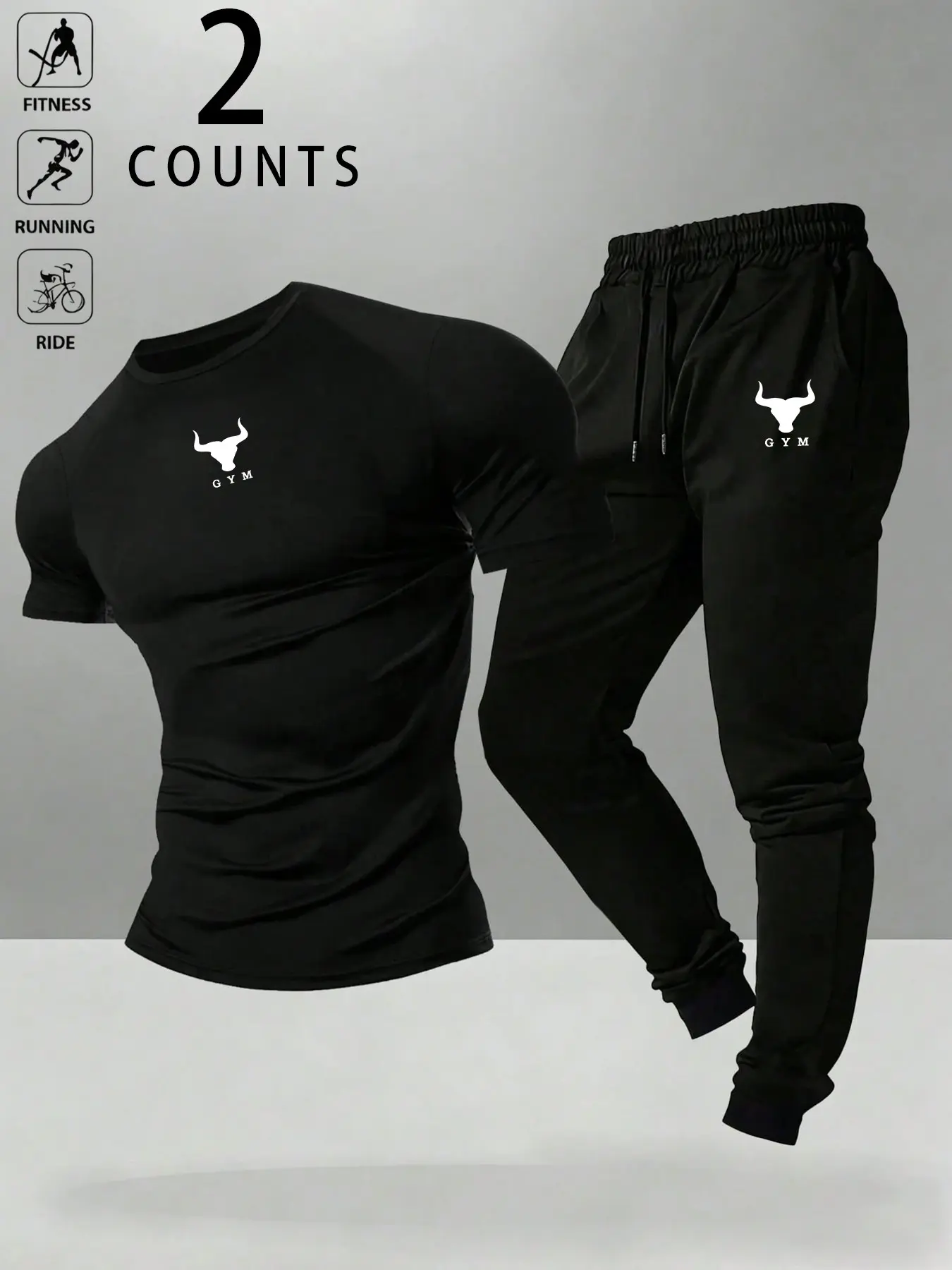 Men’s Gym Bull Print 2 Pieces Tracksuit Set Muscle Fit Athleisure Outfit, Quick Dry Breathable Soft Short Sleeve T Shirt + Jogger Sweatpants, Multi Wear Light Outdoor Streetwear Casual Workout Suit for Fitness Running Cycling Daily Commute, Comfort Functi