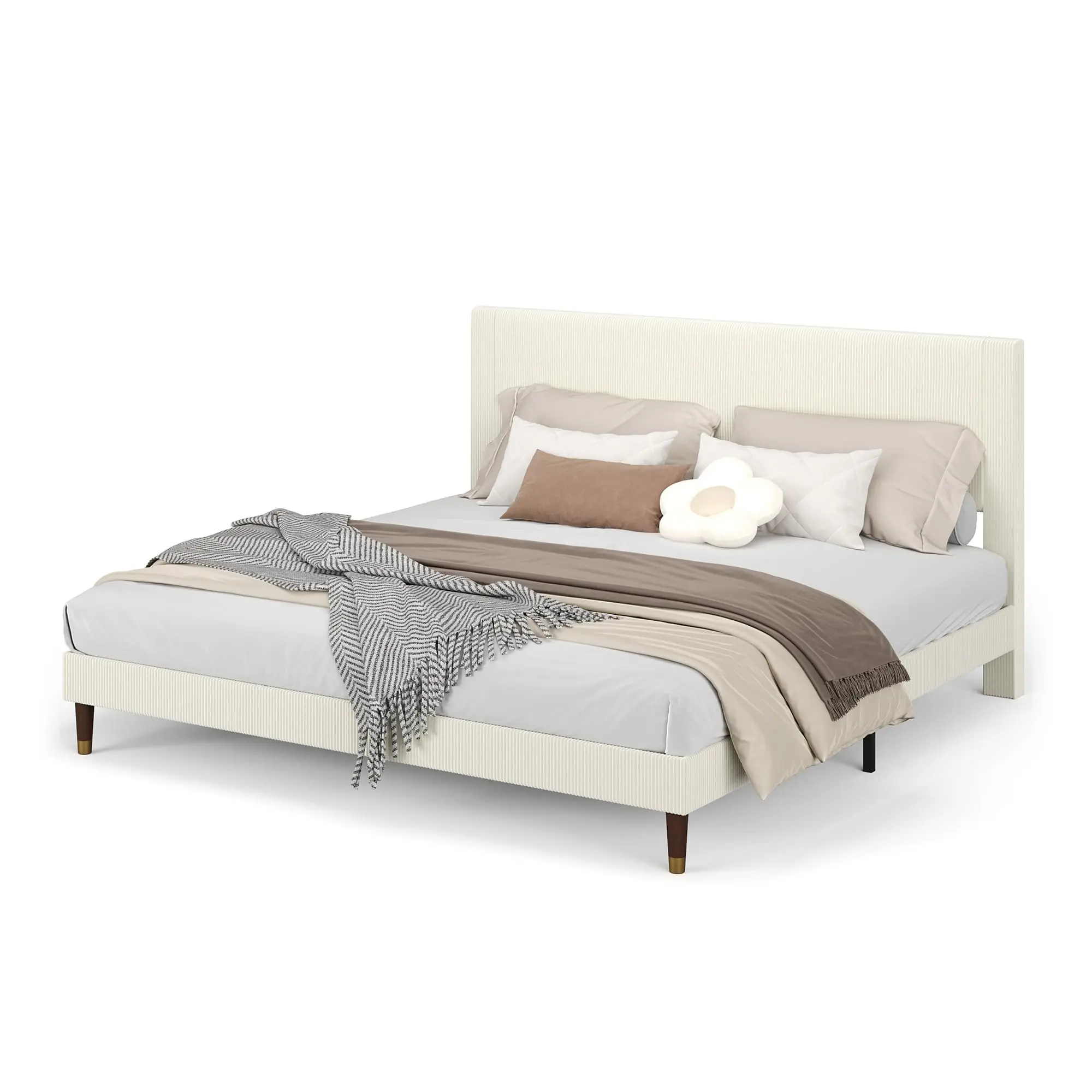 Garvee Corduroy Upholstered Platform Bed Frames with Headboard, Available in Twin to King Sizes; Features Wooden & Metal Slats Support, Noise-Free Design, No Box Spring Needed, Easy Assembly, Modern Minimalist Styles, Multiple Colors