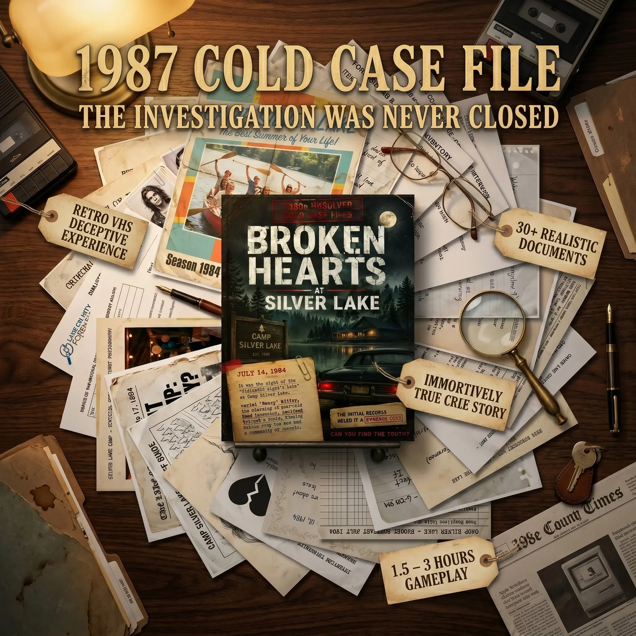 Deluxe Unsolved Cold Case Game–BROKEN HEARTS AT SILVER LAKE, 1980s Retro Themed Immersive Detective Investigation Kit, 30+ Pcs Realistic Evidence, Full Case File with Realistic Evidence, Clues & Suspects, Suitable for Adults Couples Game Night Parties