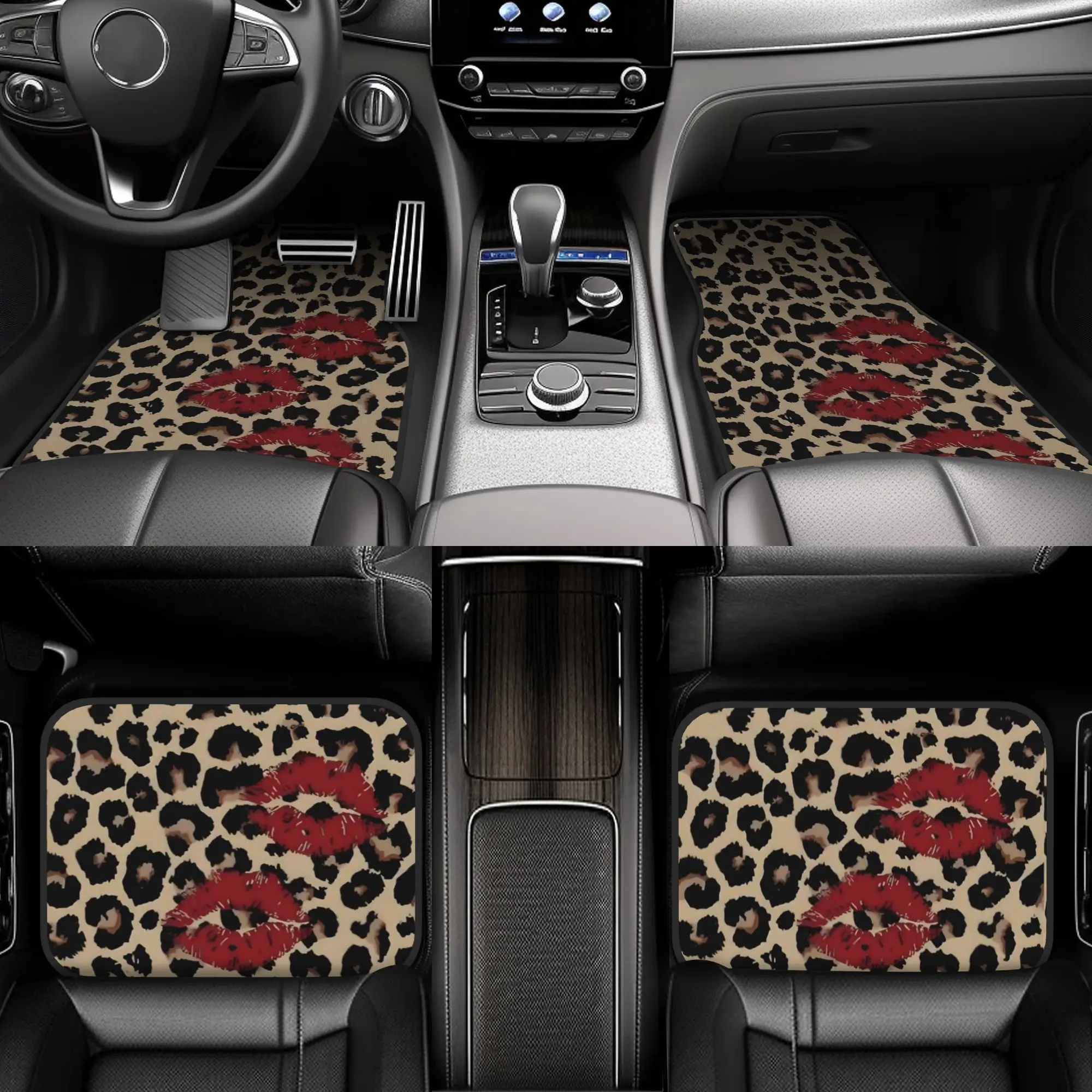 4pcs Leopard Print Car Floor Mats with Red Lip Design Polyester Fiber Universal Fit Car Floor Mats Car Additions Interior Decor Front And Rear Floor Mats Car Accessory Floor Mats for Car