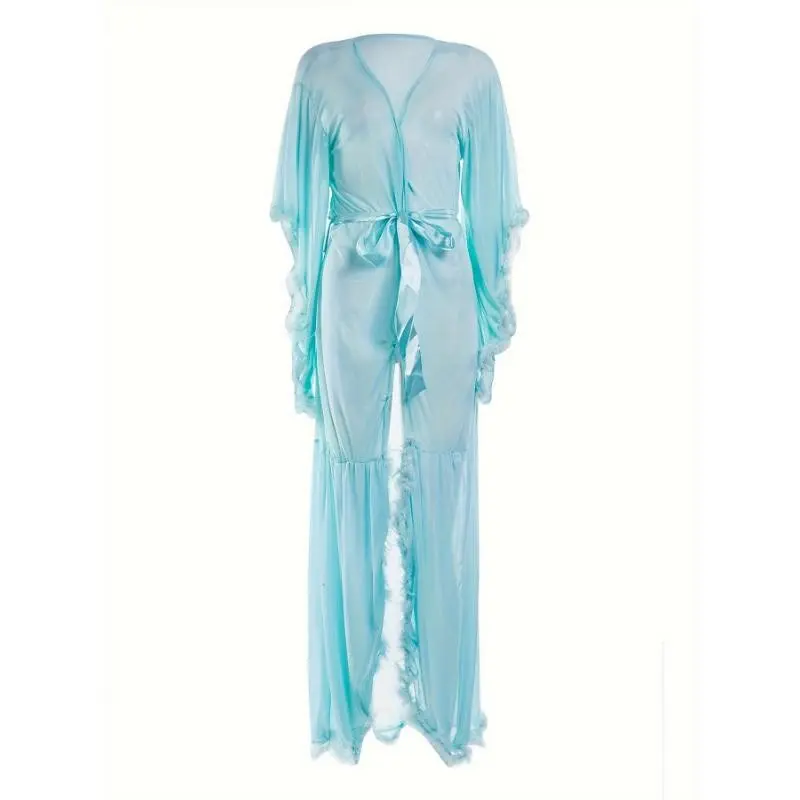 Women's sexy lingerie    Women Long Sleeve Plush Robe Luxury Kimono See Through Extra Long Babydoll Nightgown Dress