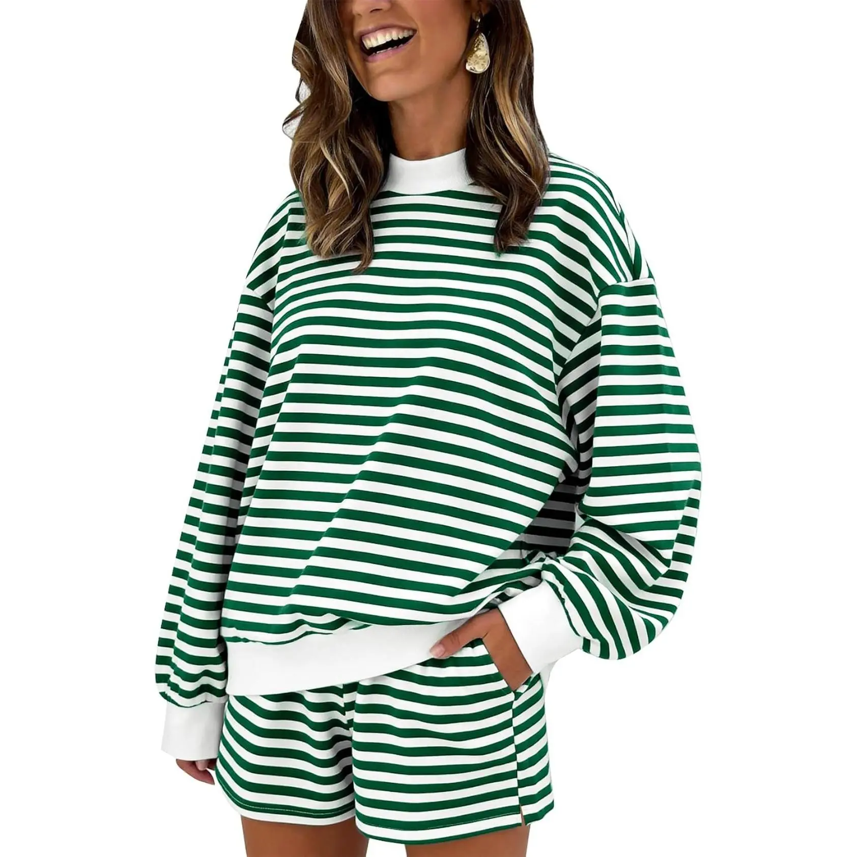 Oversized Striped Sweat Set for Women 2 Piece Lounge Outfits Mock Neck Sweatshirt and Shorts Y2K Casual Wear Cotton