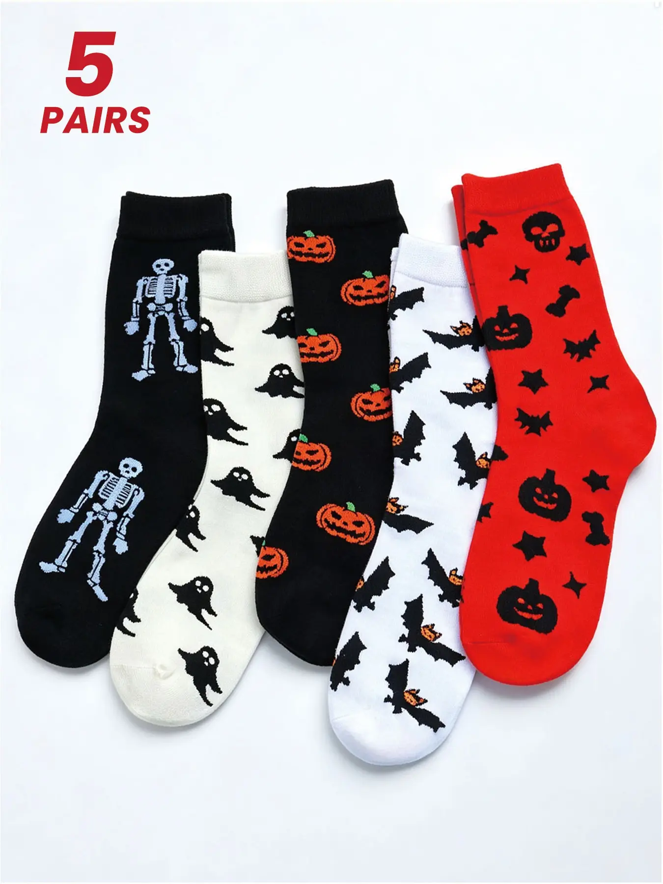 5 Pairs Halloween Crew Socks, Unisex Cartoon Skull Pumpkin Ghost Knit Pattern, Full Print Casual Festival Party Wear, Comfy and Strechy, All Seasons Fitted Socks Set