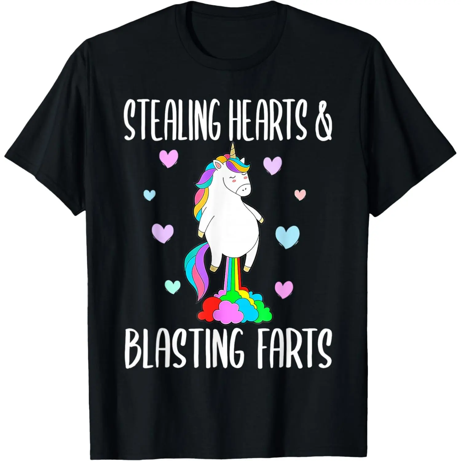 Oversized Funny Unicorn Short-Sleeve Sports T-Shirt - Soft Cotton Fabric, Crew Neck, "Stealing Hearts Blasting Farts" Graphic Letter Print, Valentine's Day Casual Piece, Cold Wash Compatible, Check Size Chart