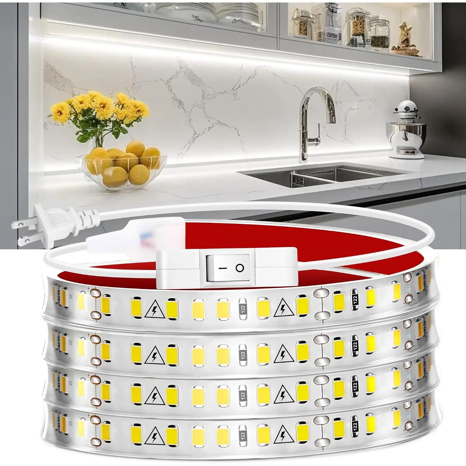 Under Cabinet Strip Lighting Plug in 72in, Ultra Bright Small LED Light Bar, 6000K Cool White, 110V-120V Wired Lights for Kitchen Cabinet, Counter, Workbench, Desk, Closet, Shelf, Indoor