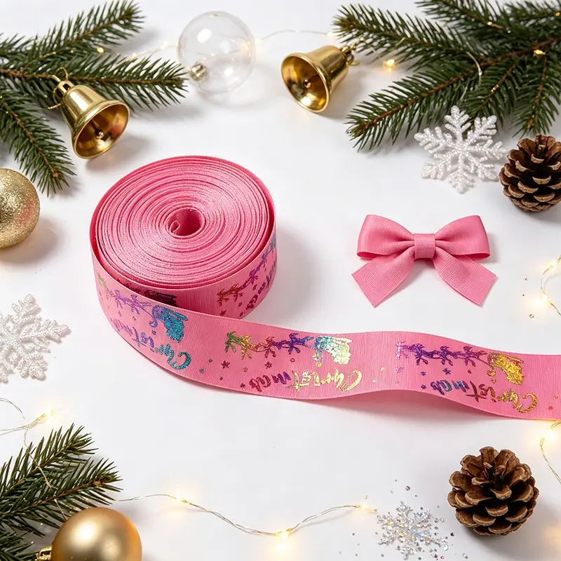 Multicolor Laser Christmas Peach Ribbon Set, 5 Yards, Holiday Gift Wrapping, DIY Crafts, Floral Bouquets, Cake Decorations