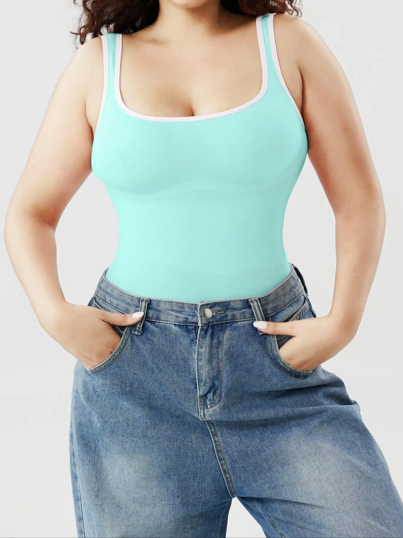 Women's Seamless Square Neck Colorblock Bodysuit, Backless Snatched Body Shaper Top, Summer Jumpsuit Romper, Fashion One-Piece