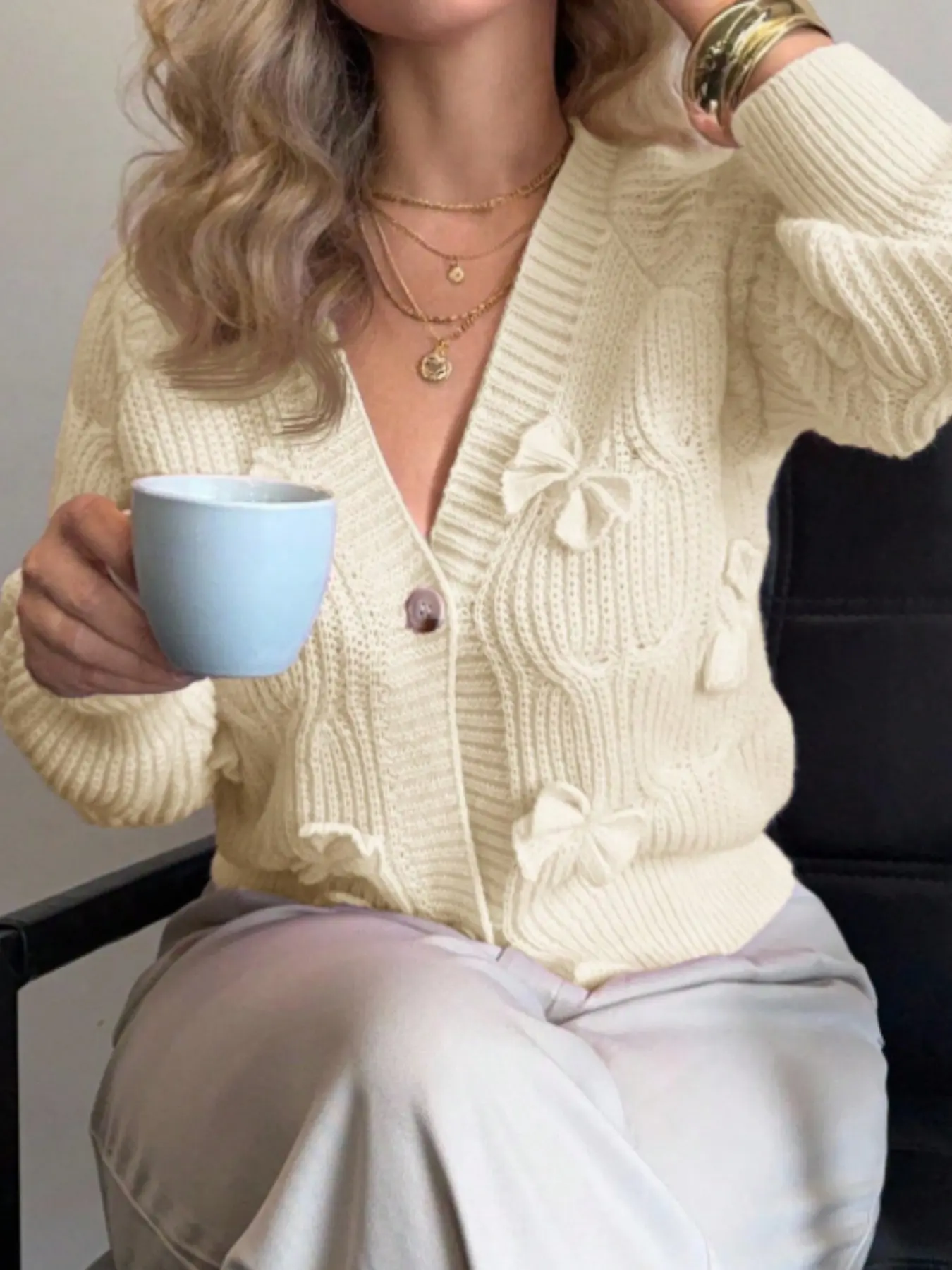 Women's Long Sleeve Knit Cardigan, French Bow Design, Fall Winter V Neck Button Front, Sweet Style Loose Fit Warm Sweater