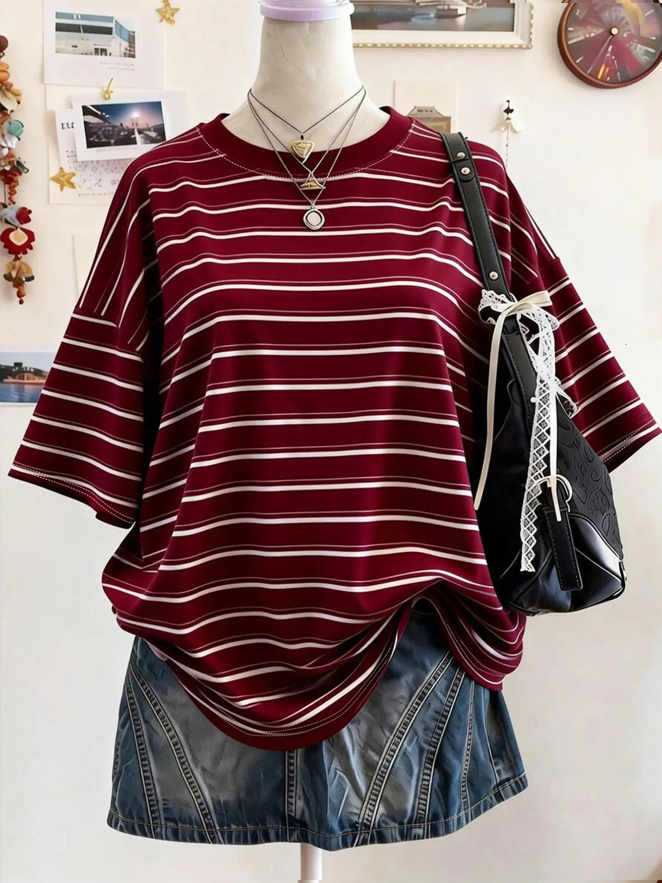 Women's Crew Neck Striped Loose Short Sleeve T-Shirt, Y2K Vintage Casual Summer Clothes Women, Soft Oversized Basic Tee, Fashion Blouse for Streetwear, Shopping & Daily Outfit, 2026 Trendy Retro Striped Top