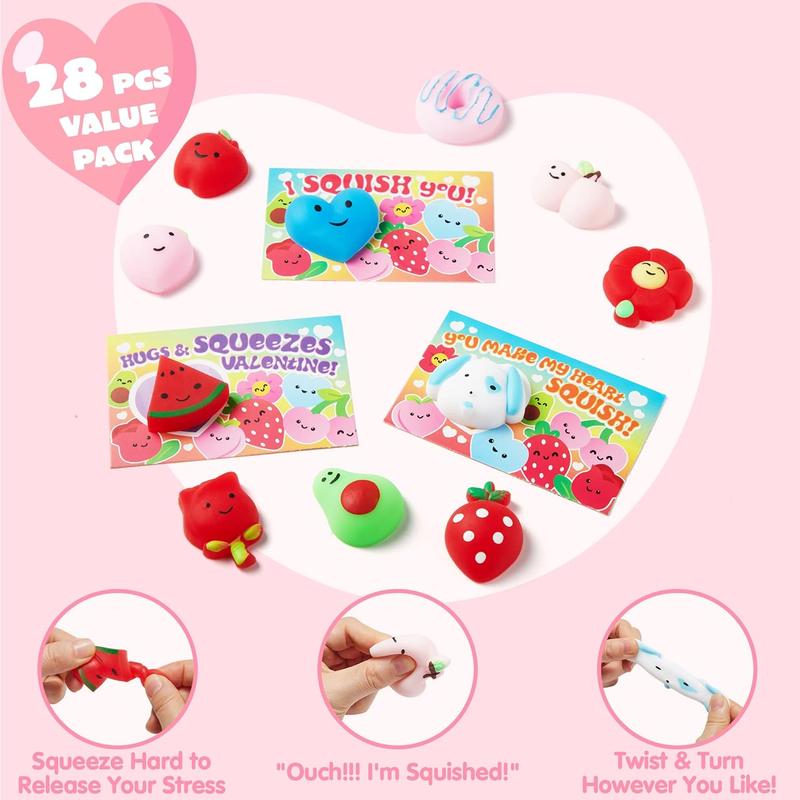 28 Valentine's Day Cards with Kawaii Mochi Squishy Toys – Perfect for Kids' Party Favors, Classroom Gift Exchange & Prizes