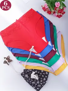 6-Pack Women's Cotton Briefs, Comfortable Breathable Ribbed Fabric, Lace Trim Waistband, Casual Lightweight Summer Panties, Fitted Style
