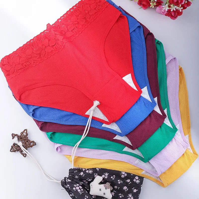 6-Pack Women's Cotton Briefs, Comfortable Breathable Ribbed Fabric, Lace Trim Waistband, Casual Lightweight Summer Panties, Fitted Style, Breathable Ribbed Panty, Lace Trim Underwear