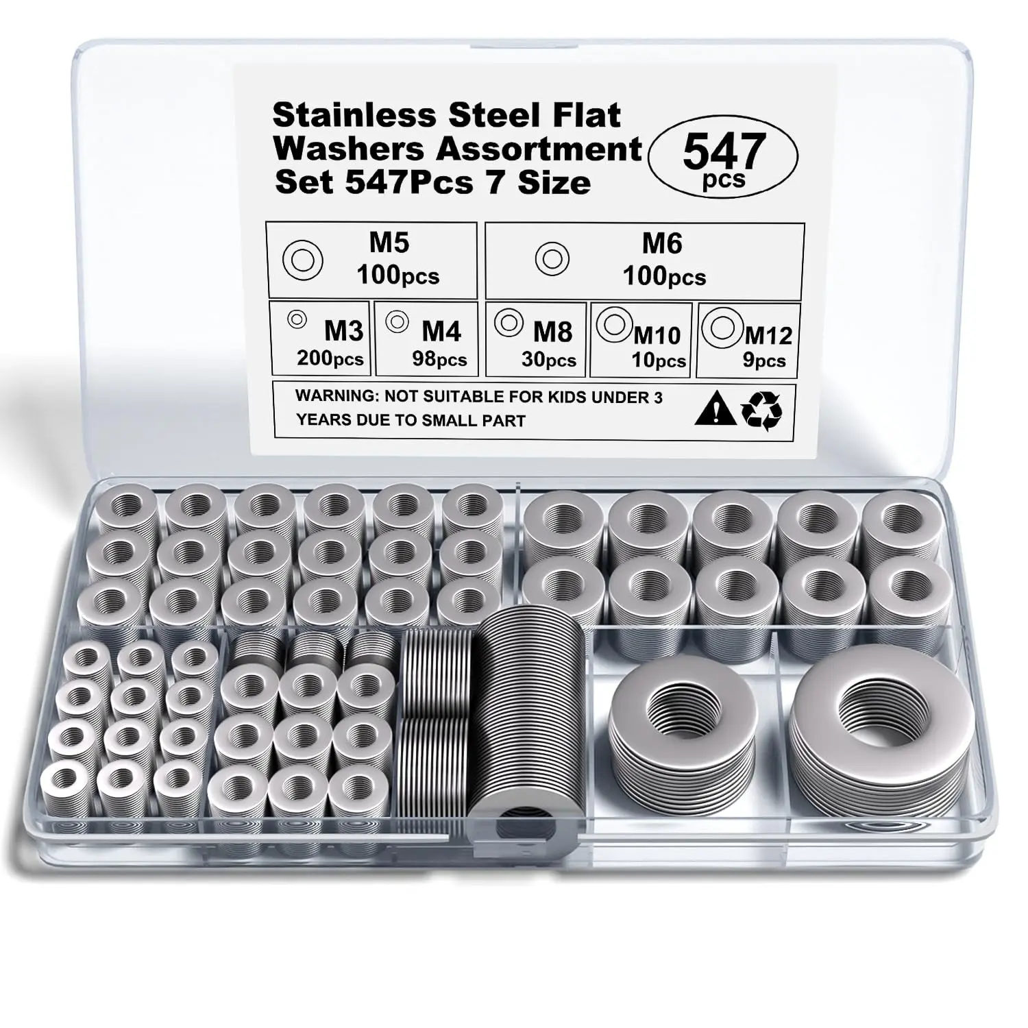 Stainless Steel Flat Washers Assortment, 18-8 (304) Stainless Steel, 547-Piece Set (Metric Sizes M3-M12, 3mm, 4mm, 5mm, 6mm, 8mm, 10mm, 12mm) with Plastic Storage CaseGift
