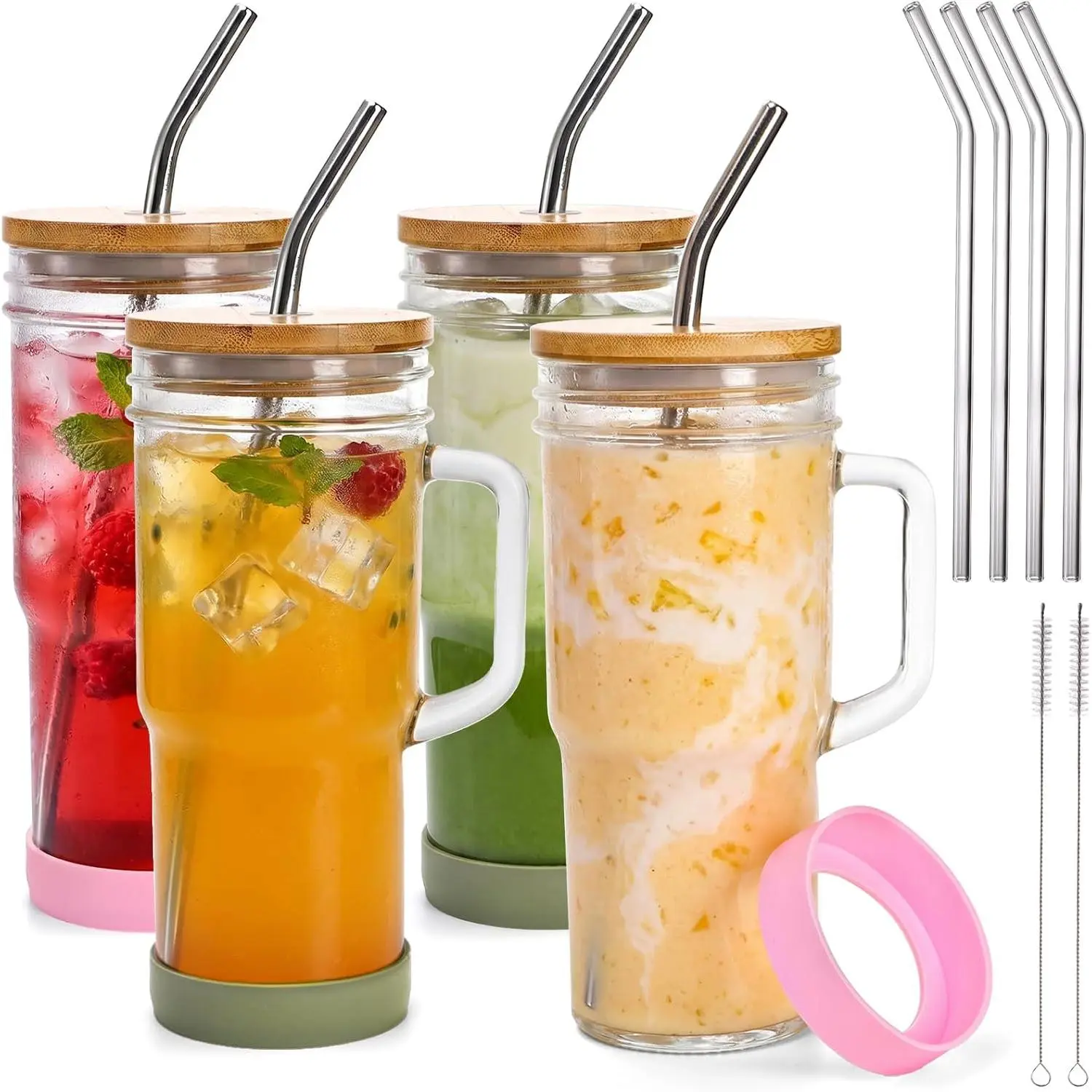 4 Pack Glass Tumbler Cups with Handle, 24 oz Mason Jar with   and Straws,  Travel Coffee Mug Drinking Glasses for Iced Coffee, Smoothies, , Juice and Bubble ,