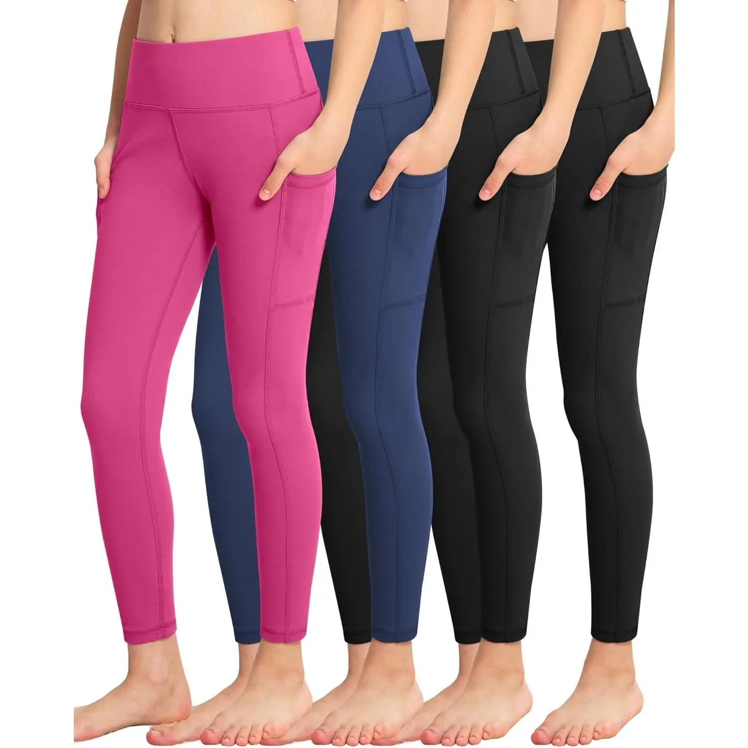 Girls' High-Waisted Leggings with Pockets - 4-Pack Athletic Fit Full-Length Workout Wear for Yoga, Dance