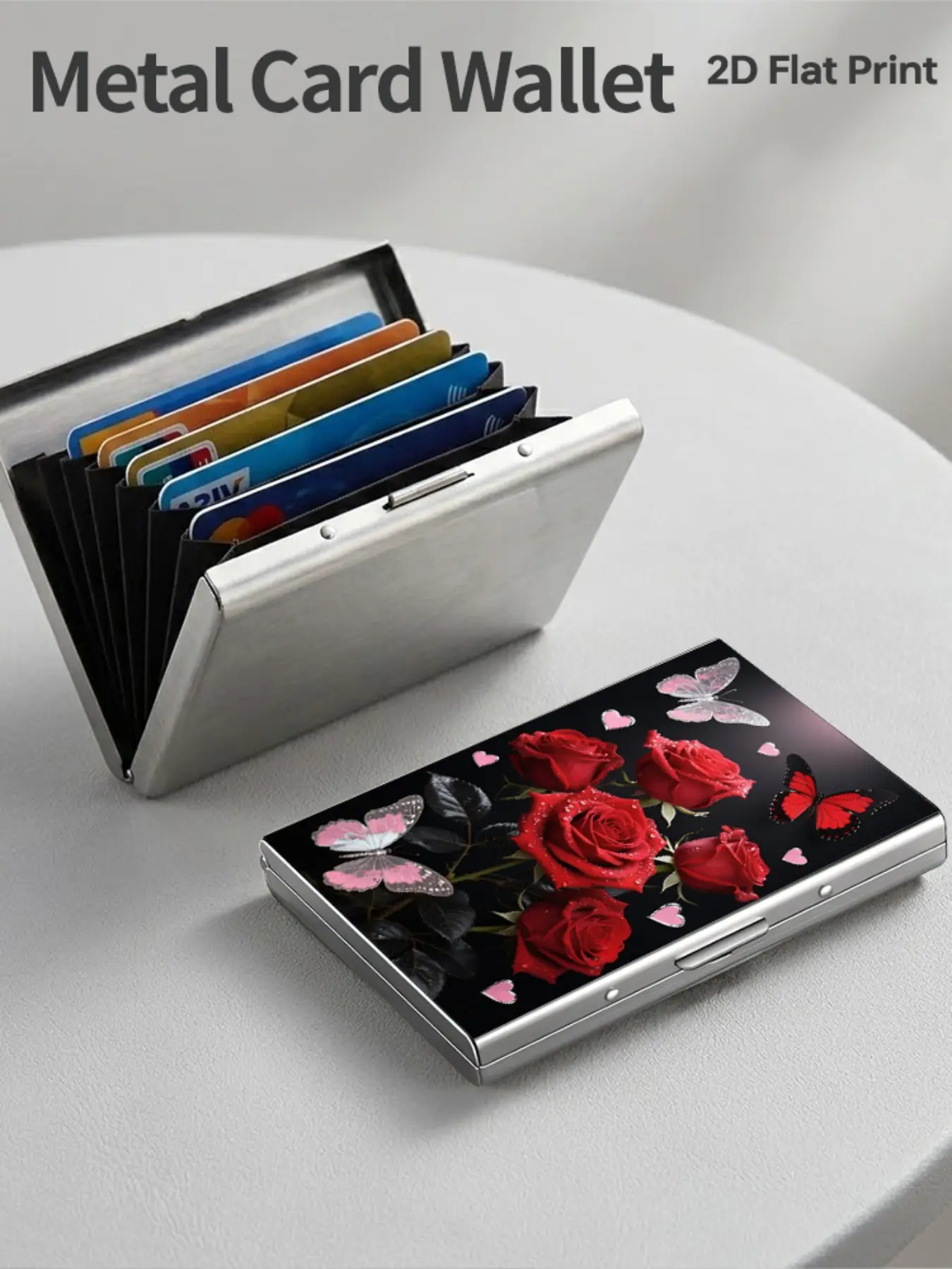Rfid Anti-Theft Stainless Steel Card Holder, Rose Butterfly Pattern, Slim Credit Card Wallet, Travel Business Daily Use, Unisex Gift