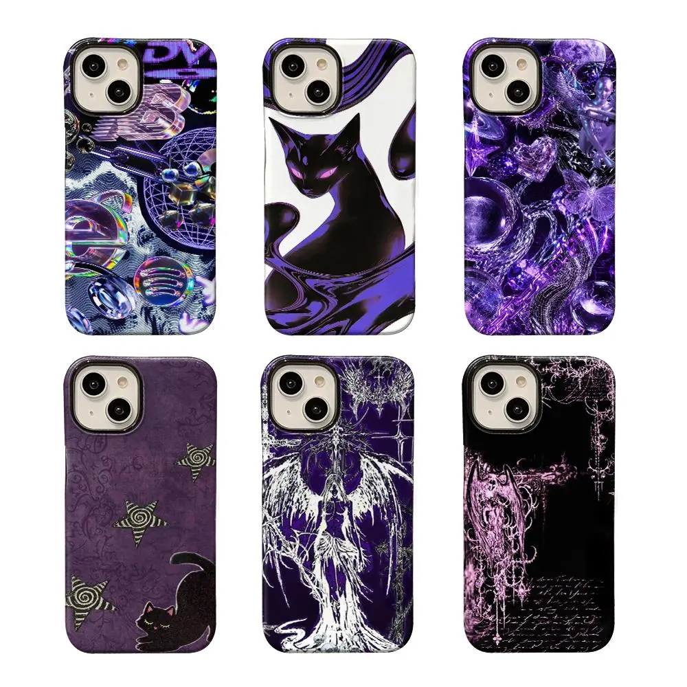 Purple Y2K Gothic Cat Phone Case, Cyber Grunge Dark Fantasy Cover for iPhone 11-17 Pro Max 16E 17 Air, Samsung S23-S25 Ultra