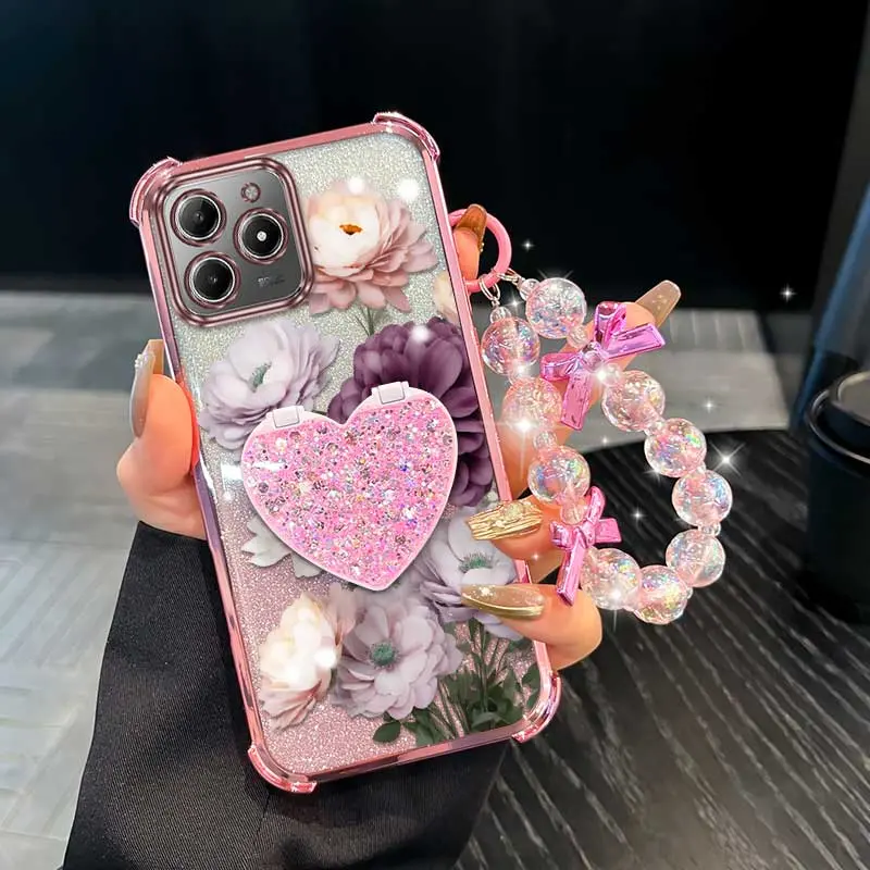 3pcs( Purple-flowered temperament phone Case+Lanyard+Stand) For Realme C63/C55/C71/C65 4G/C75/C61/C67/C53/C85 5G/C85 Pro/C51s/C51/16Pro/14/14 pro/14proplus/15/15 Pro/15T/15X/16/12/13Pro/13 Pro+ For Narzo N53/Narzo N55/Narzo N63/Note 50/Note 80 Phone Case