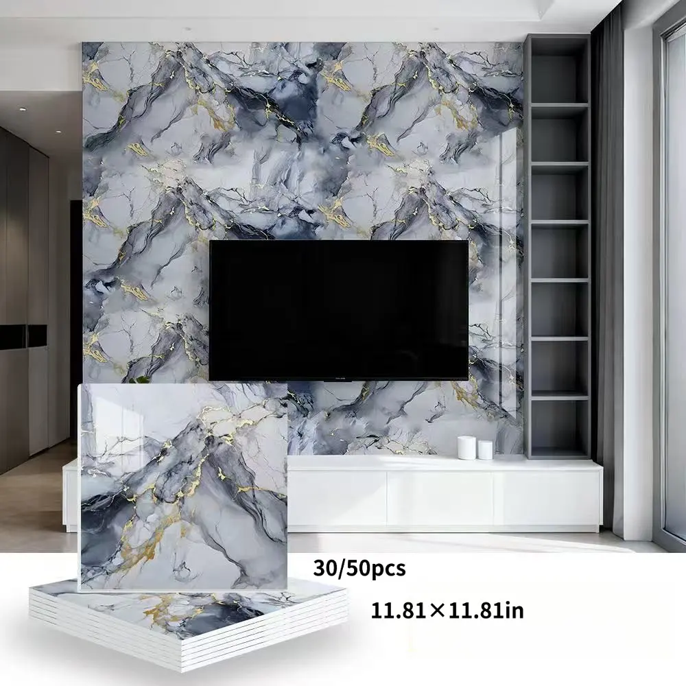 30/50 Pieces Marble Pattern Wallpaper Stickers, Self-adhesive Bathroom Tile Decals, Waterproof Wall Panels. Suitable for bathrooms and kitchens. Easy to peel and stick, ideal for TV background wall decoration with simple installation.