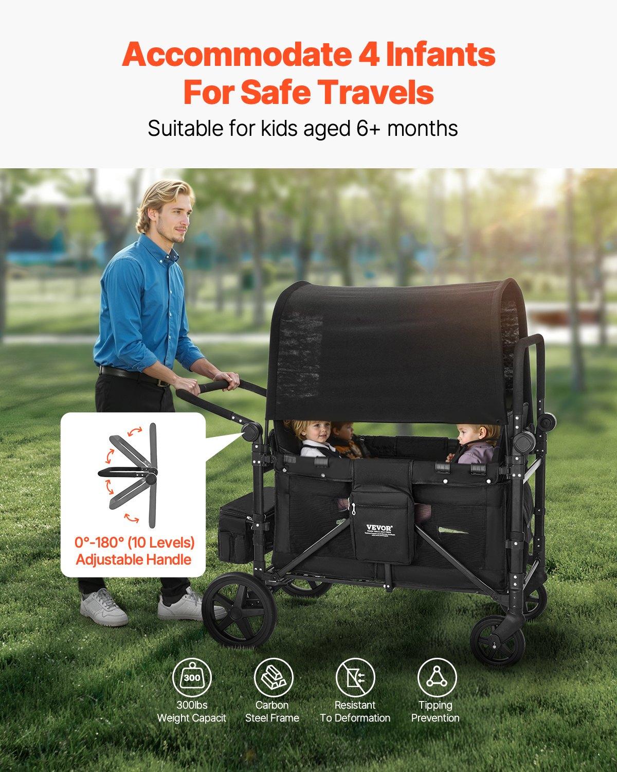 VEVOR Wagon Stroller for 4 Kids, Push Pull Quad Collapsible Stroller with Adjustable Handle, 5-Point Safety Harness & Removable Canopy, 4-Seater Stroller Wagon for Camping, Black (330LBS Loading)
