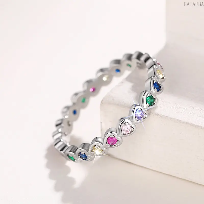 Rainbow Heart Stackable Rings Luxury Colorful Heart Band Women Trendy European Daily Jewelry Gift
