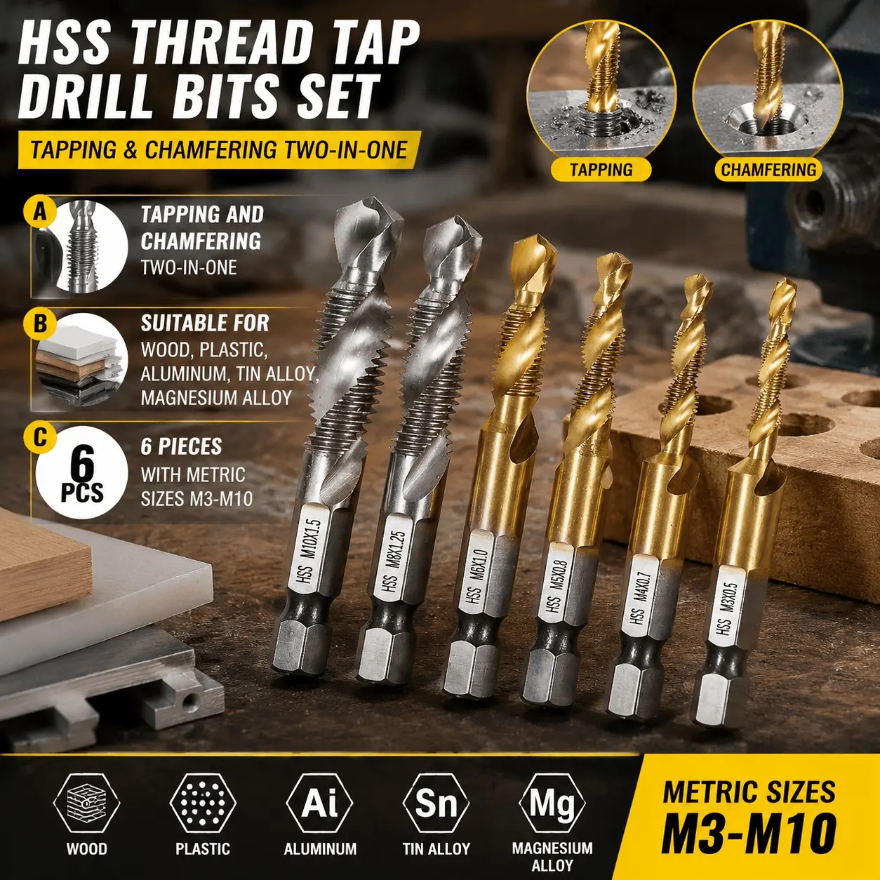 Industrial Grade Titanium Coated HSS Spiral Tap Set M3 to M10, Hex Shank Impact Drill Bits for High-Temp High-Speed Drilling, Thread Repair Kit for Wood Plastic Copper Aluminum Metal Sheet, Precision Machinery Maintenance & Automotive Repair