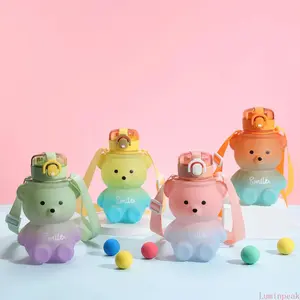 Gradient Pink Blue Cartoon Bear Reusable Water Bottle with Straw, Portable Leak-Proof Washable Cup with Adjustable Shoulder Strap, Ideal Christmas Gift for Outdoor Sports Enthusiasts