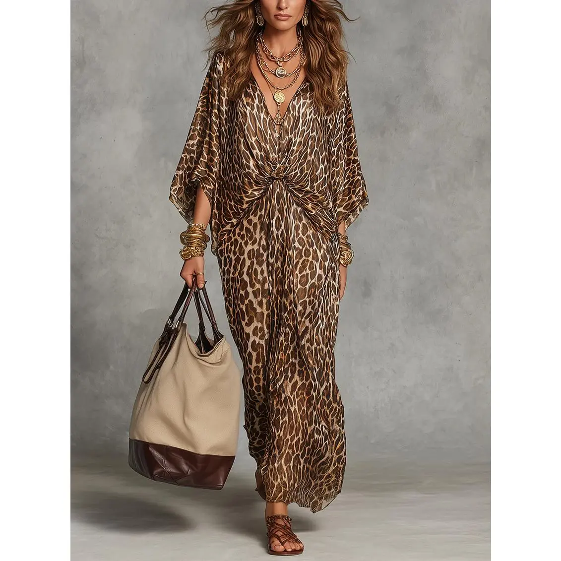 2026 women's new leopard print V-neck waist cinched plus size long skirt dress