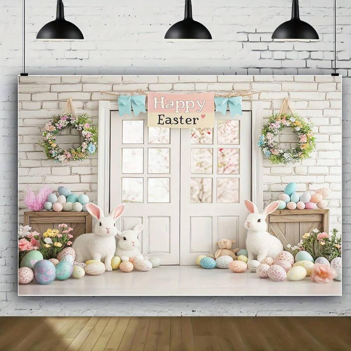 1pc Adorable Easter Bunny & Eggs Wall Backdrop , Durable Polyester, Perfect For Spring Celebrations, Birthday & Wedding Party Decorations, Cozy Home Cake Table Banner With Charming Rabbit And Colorful Egg Design, Rabbit Accessories room tapestry