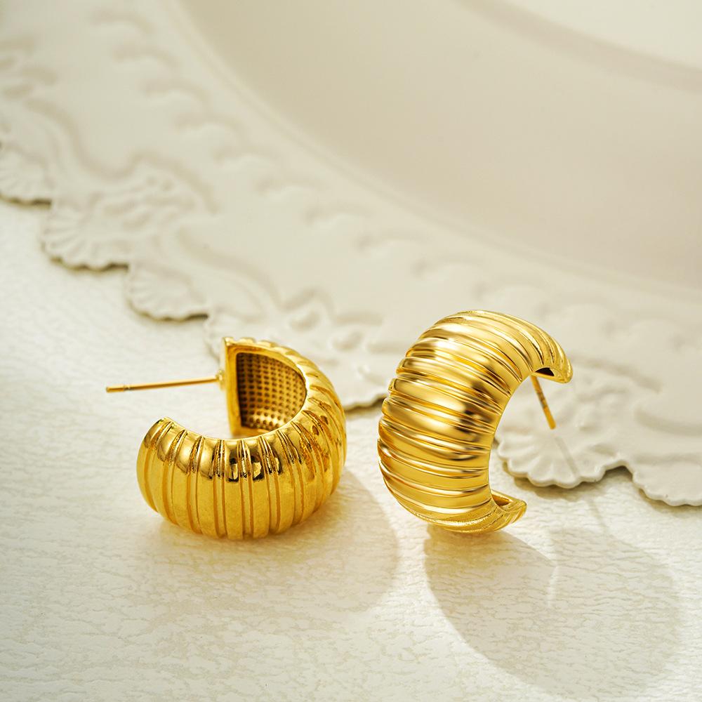 Gold Ridged Arch Hoops - Elegant Gold Color Hoop Earrings with Textured Design for Everyday Wear