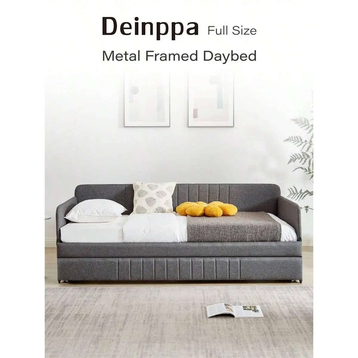 Grey Anti-Noise Linen Twin Size Daybed with Trundle, Metal Frame with Backrest & Metal Slat Support, 2-Person Indoor Sofa Bed for Bedroom, No Box Needed, Simple Steps Assembly