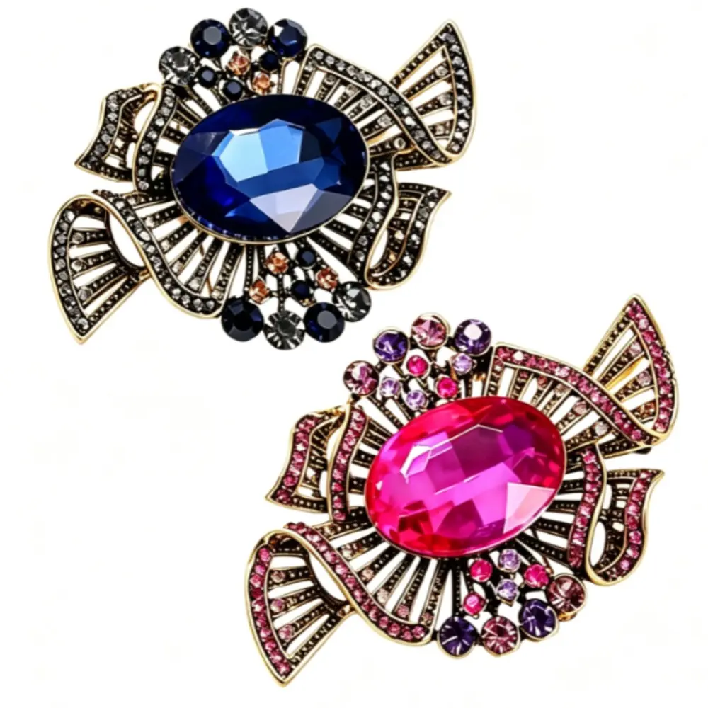2 Styles Vintage Hollow Ribbon Brooch Unisex Large Oval Crystal Suit Lapel Pin Gift