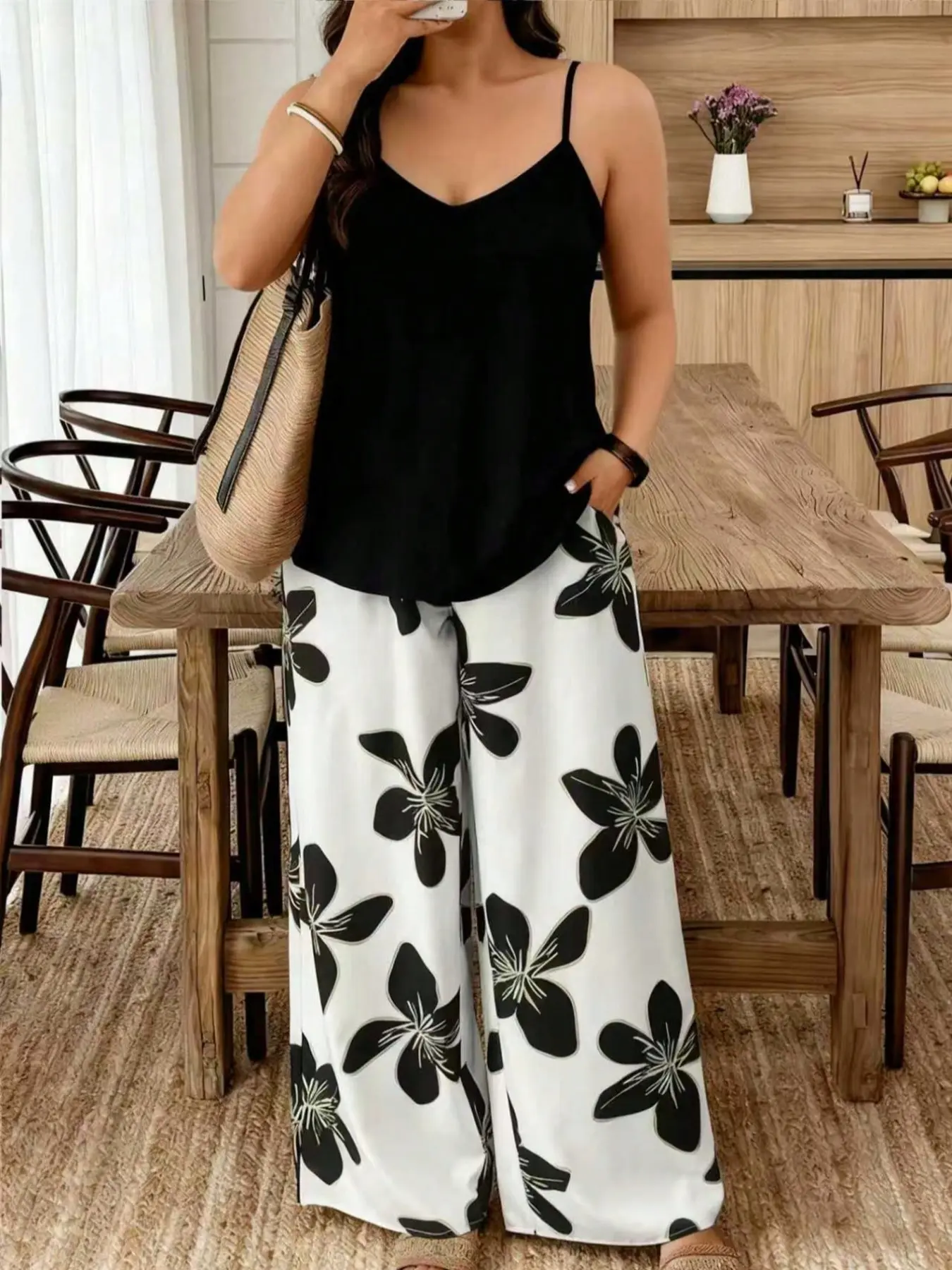 Plus Size Women's Tank Top Sleeveless + Clover Print Floral Wide Leg Pants with Pockets, Casual Daily Wear, Commute, Home Comfort