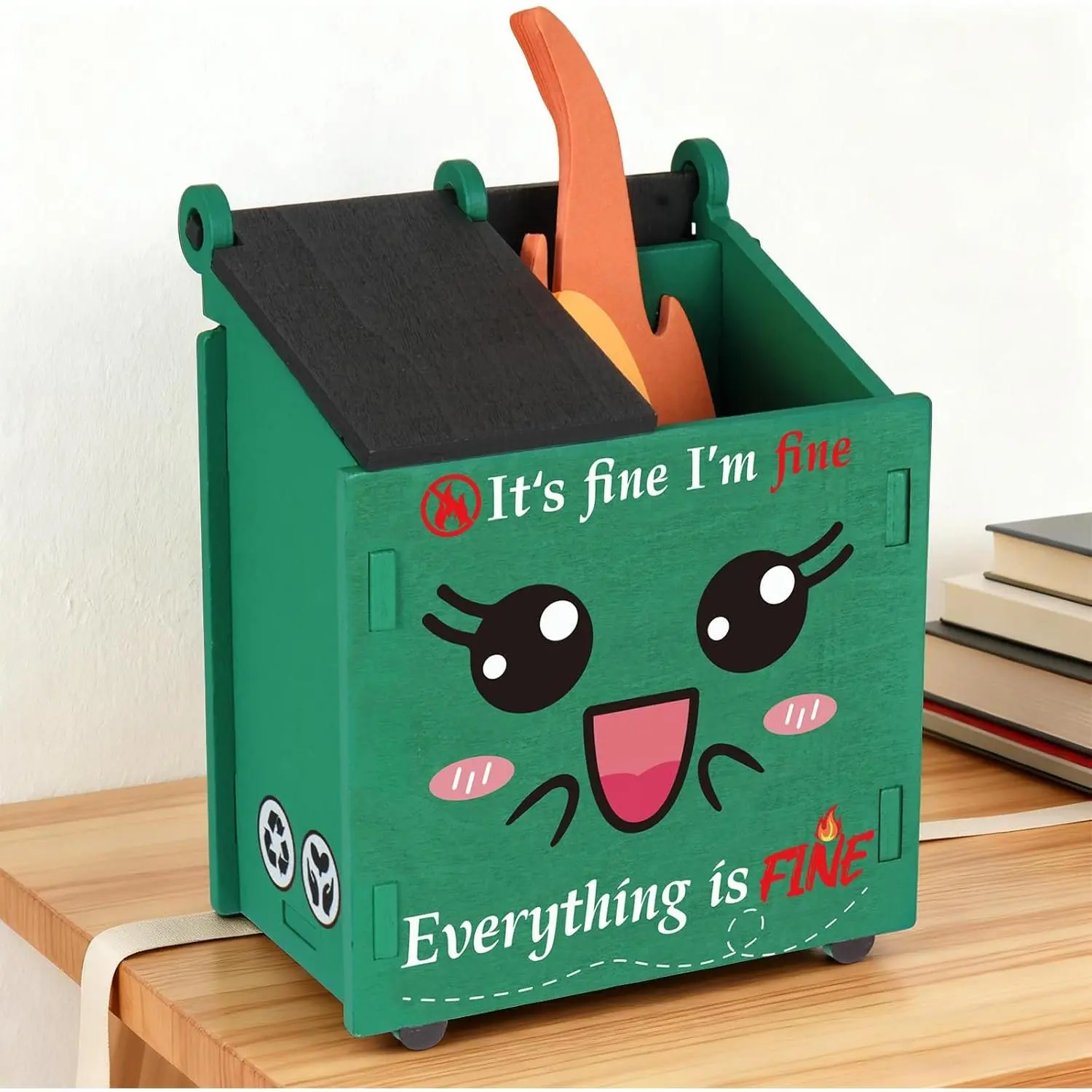 Dumpster Fire Pencil Holder with Flame Note cards - Funny Assembly Required Desk Organizer with Compartments for Pens & Supplies, a   for Coworkers, Teachers & Office Decor