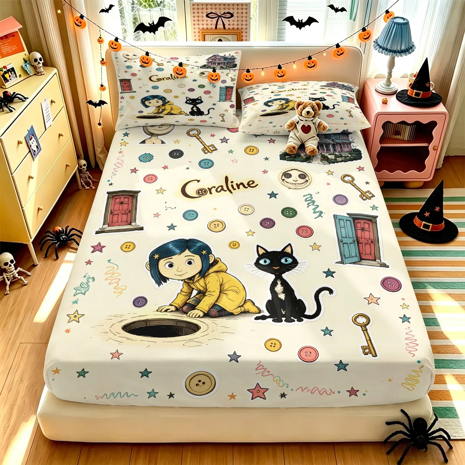 3PCS Halloween Girl-Coraline In Yellow Raincoat Sticker Print Fitted Sheet Set, Cats & Secret Door Patterns, 1 Fitted Sheet And 2 Pillowcases, Deep Pocket Snugs Mattress Well, For Teen Bedroom And Halloween Decor,Gift, Fitted Bed Sheets