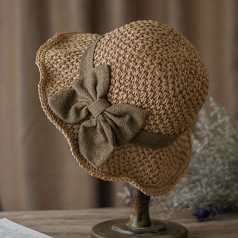 Versatile retro woven handmade straw hat with ruffled bow, elegant French sun hat, foldable, breathable travel beach hat.