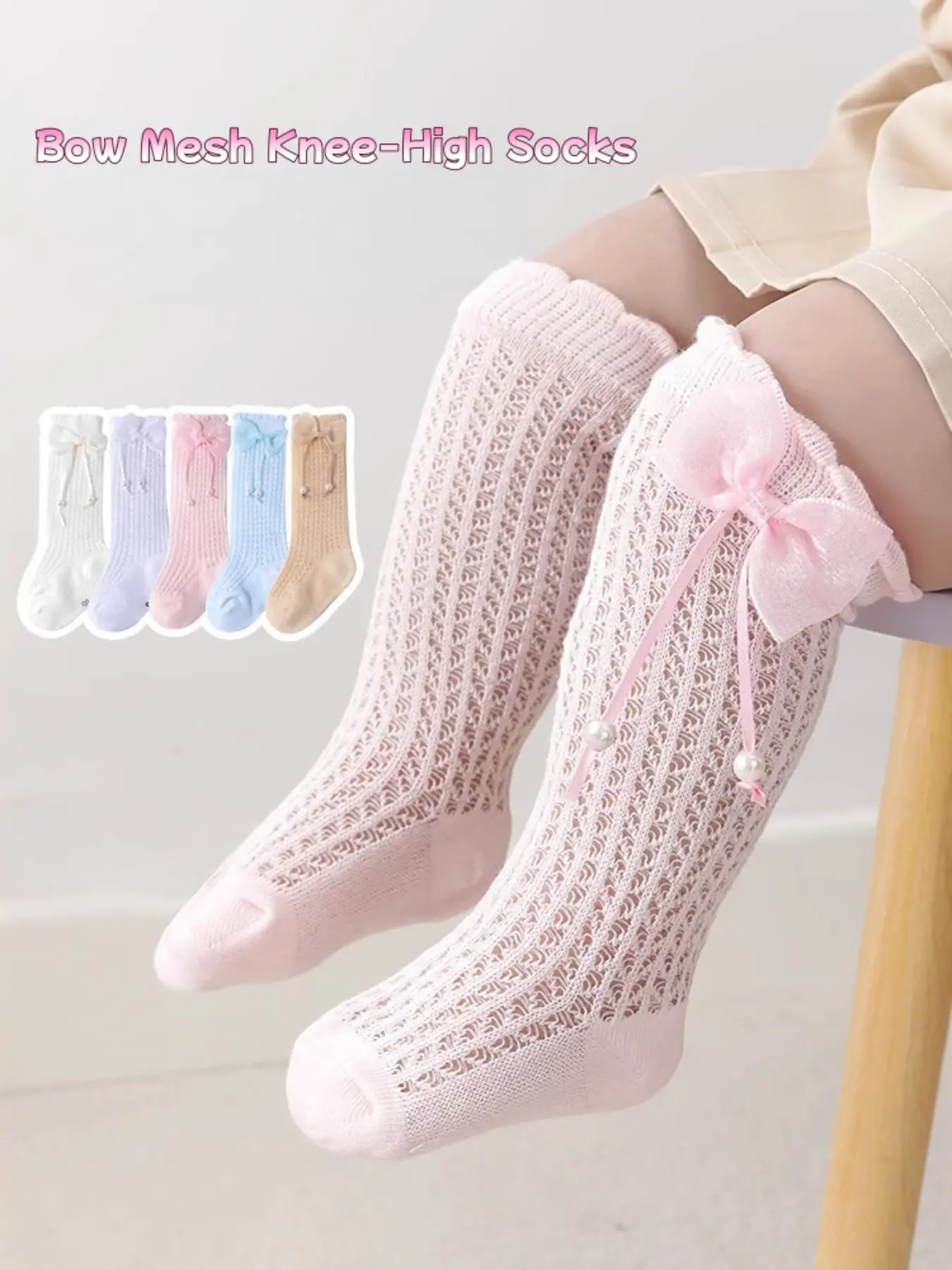 5 Pairs Cute Pearl Bow Mid-Calf Socks, Thin Over-The-Knee Baby Knee Support Mesh Socks, Suitable for 0-4 Years Old Kids